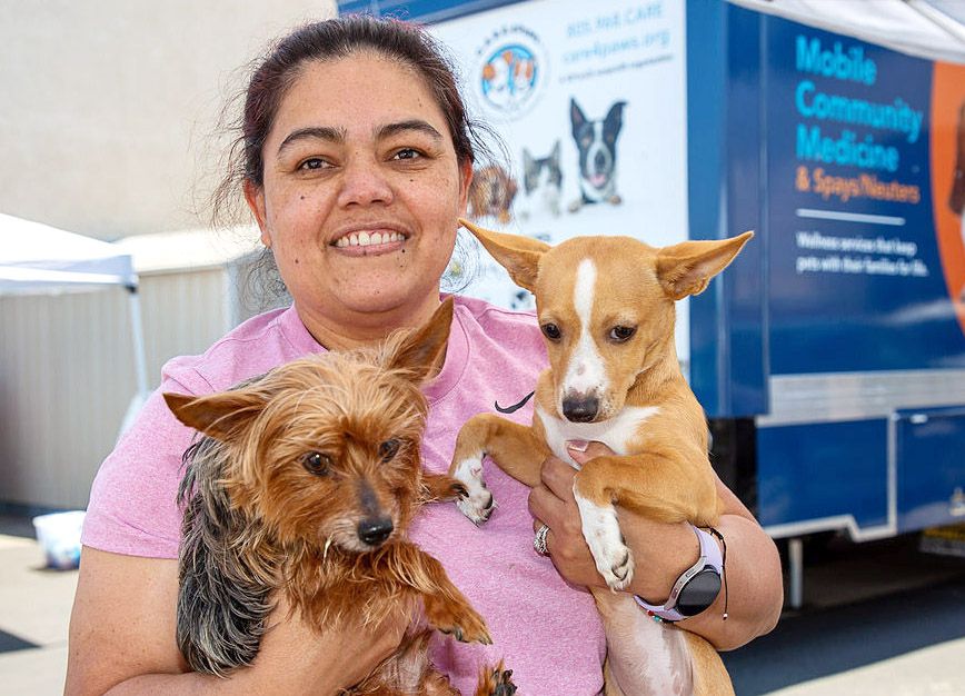 A female volunteer at Care 4Paws holding two small dogs.